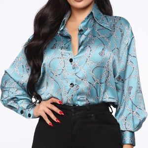 Blue Chain Print Button Down Blouse